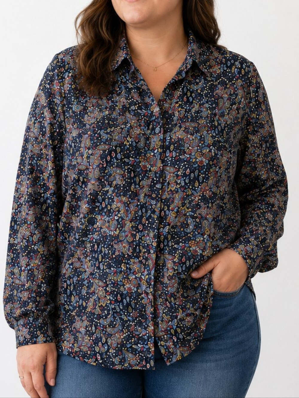Liz Claiborne Liz Sport Paisley Button Front Blouse Large Navy Floral Boho Rayon